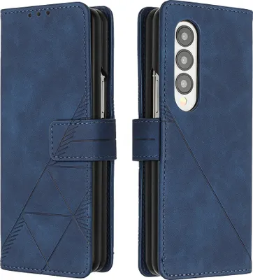 Produktbild von Galaxy Z Fold3 Hülle, Schlank Prägung Flip Leder Kartenfächer Schutzhülle mit Ständer für Samsung Galaxy Z Fold3 Blau