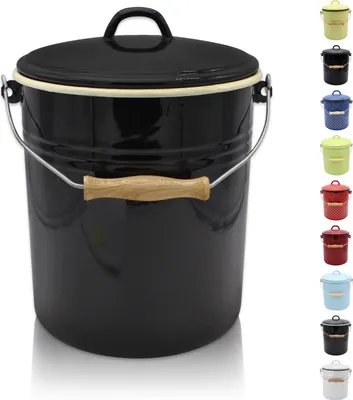 A black enamel trash can with a wooden handle and lid, shown on a white background. A row of smaller, colorful trash cans are displayed to the right of the main product.