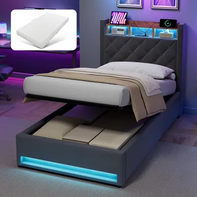 Produktbild von STILVORA Polsterbett 90×200 mit Matratze bettkasten,Stauraumbett Boxspringbett mit USB-Anschluss und LED-Licht,Funktionsbett ohne matratze,mit Stauraum,grau