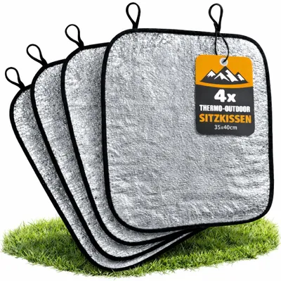 Produktbild von 4x Thermo Outdoor Sitzkissen – Isolierend, & Ultraleicht – Sitzunterlage, Sitzkissen, Reisekissen für Camping, Stadion, Picknick & Festival – 35x40cm