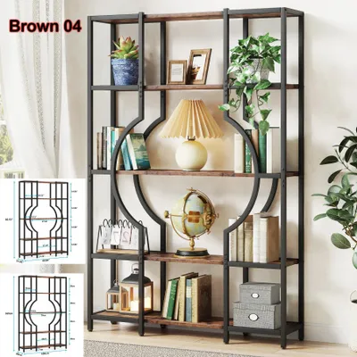 Obrázek produktu pro Průmyslová knihovna – 5patičková police – vysoká volně stojící police 30 x 95 x 175 cm – kovový rám s dřevěnými deskami – hnědá Brown 04