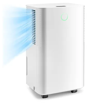 A white dehumidifier with blue air flow graphics emanating from the side.