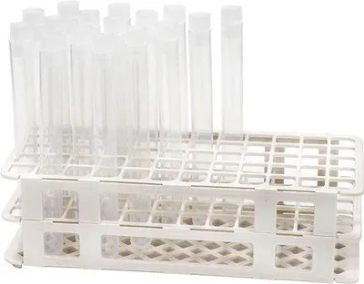 Produktbild von Famanu Reagenzglasständer mit 60 Kunststoff-Reagenzgläsern - Polypropylen - 16x125 mm, 16 ml, transparente Verschlüsse