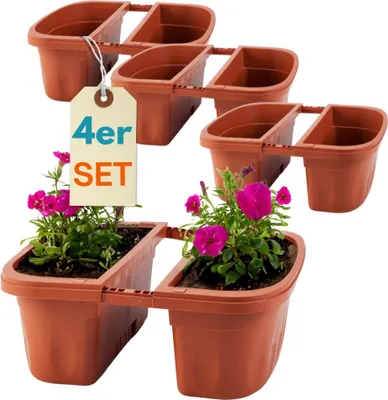 Produktbild von 4er Set Blumenkasten Balkongeländer Beidseitig Balkon Blumenkasten Doppelseitig Balkonkasten mit Halterung Geländerkasten mit Wasserspeicher Teracotta 40 cm