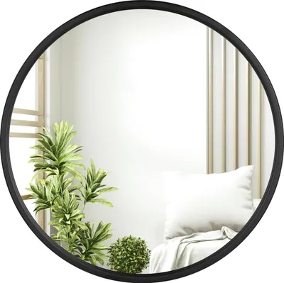 A round mirror reflecting a room with plants and a pillow.