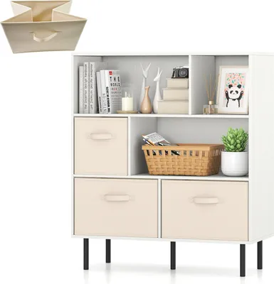 Immagine prodotto di Cassettiera KOMFOTTEU con 3 livelli e 6 scomparti, cassettiera con 3 cassetti pieghevoli in tessuto, mobile contenitore con 5 gambe in metallo e 2 protezioni antiribaltamento, per soggiorno, ufficio (bianco+beige)