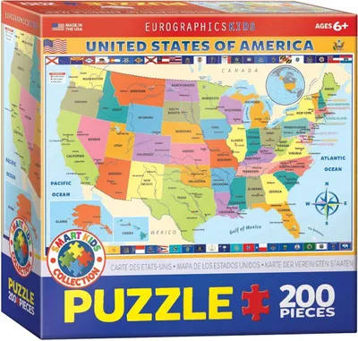 The image shows the front and side of a puzzle box for a United States of America map puzzle.
