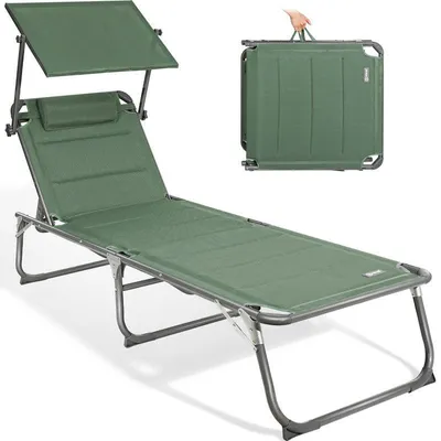 Produktbild von Sonnenliege klappbar – Gartenliege aus Aluminium mit verstellbarer Rückenlehne, Kopfstütze und Sonnenblende, bis 180 kg belastbar, moosgrün