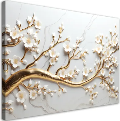 Produktbild von Leinwandbild Goldener Zweig mit weißen Blüten 90x60 Feeby Gold bild für die wand bereit zum aufhängen