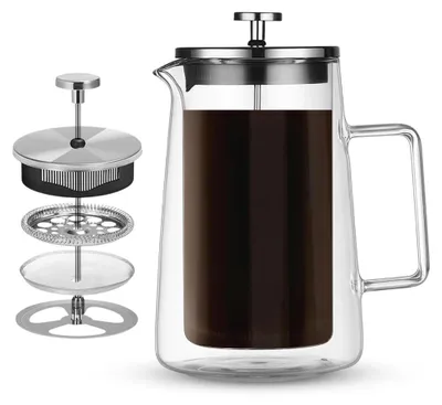 French Press Glaskanne 1000 ml, Doppelwand-Design, Handpresse