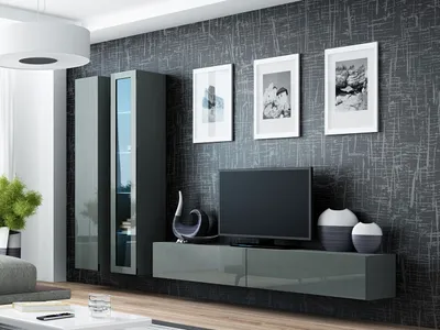 Immagine prodotto di Parete attrezzata per soggiorno con illuminazione a LED RGB ASHTON 3 - grigio / grigio lucido