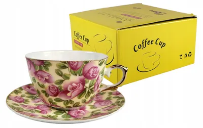 Zdjęcie produktu dla FILIŻANKA 230ml Kwiaty złoty brzeg Cienka Porcelana do Kawy Herbaty