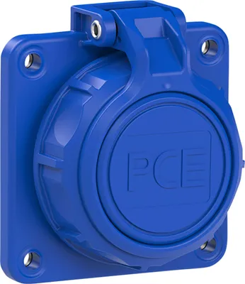 A blue electrical socket with a hinged cover.