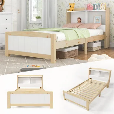 Productafbeelding van Eenpersoonsbed 90x200 cm - Massief Grenenhouten Logeerbed en Studentenbed met Opbergruimte - Wit