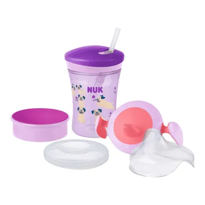 Produktbild von NUK 3-in-1 Trinklernset mit Trainer Cup Schnabeltasse (6+ Monate), Magic Cup 360° Trinklernbecher (8+ M) & Action Cup Trinkflasche Kinder (12+ M) | 230 ml | -frei | Hund (lila)