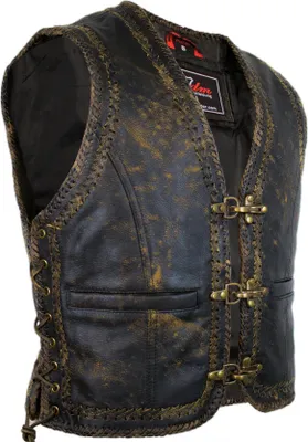 Produktbild von Herren Lederweste Vintage Kutte Bikerweste Motorradweste Used Look Weste Rocker(2XL)