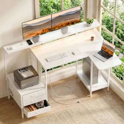 Produktbild von Gaming Schreibtisch Computertisch - 140 cm - LED-Beleuchtung - Monitoraufsatz - Klappbare Tischplatte - Steckdose - 3 Stoffschubladen - Weiß