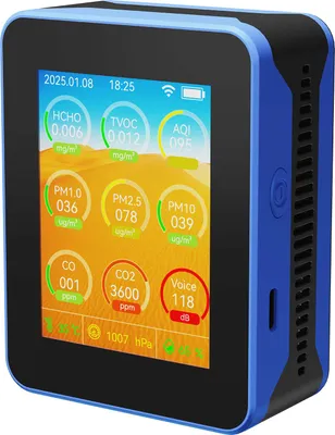 Image de Capteur de qualité de l'air 15-en-1 avec connexion Wi-Fi – CO₂, CO, COV totaux, HCHO, température et humidité, avecvia application, écran TFT 2,8 pouces, bleu/noir