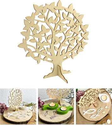 A collage of images showing a wooden tree decoration and its use in table settings with candles and fish symbols.