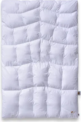 A white down comforter is laid flat on a white background, showcasing its quilted pattern.
