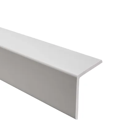 A close-up, studio shot of a light gray L-shaped corner profile, likely made of PVC, against a white background.