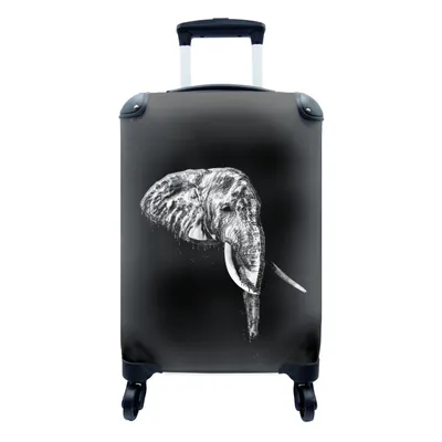 Produktbild von MuchoWow® Koffer Handgepäck Trolley Rollkoffer Kleine Reisekoffer mit 4 Rollen - Illustration Elefant vor schwarzem Hintergrund - schwarz und weiß - Cabin Size < 55x40x23 cm & 55x40x20 cm - Fotokoffer - Kabinenkoffer - Boardgepäck - Reise-Box - Reisekoffer - Reisegepäck - Koffer mit Bild - Trolley für Kinder