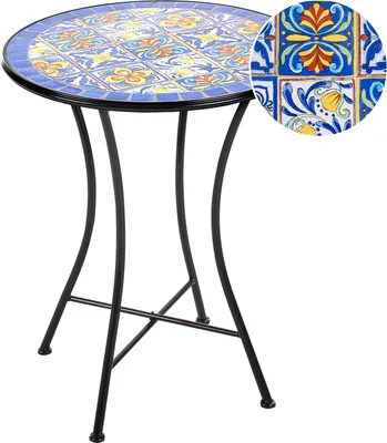 Produktbild von BELIANI Balkontisch Blau Eisen ø 60 cm Rund Keramik Mosaik Französisch Romantisch für 2 Personen Garten Outdoor Terrasse Ausstattung Möbel