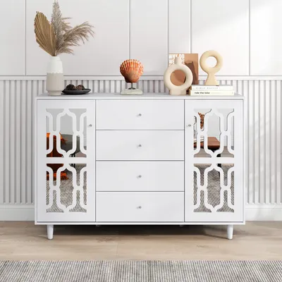 Produktbild von AIORBER Kommoden,mit Kristallformen,Glasgriffen, Sideboard, zwei Türen, mit vier Schubladen, für Wohn- und Esszimmer, 147,5 x 40 x 102 cm, Weiß