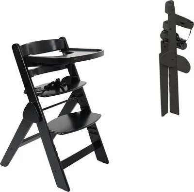 Produktbild von Novi Yumi Kinderstoel – 6 maanden tot 50 KG – Inklapbaar – Verstelbare Zithoogte & Voetensteun – Inclusief Babyset, Eetblad & Harnas – Pure Black
