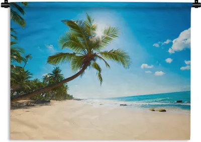 Produktbild von MuchoWow® Wandteppich Wandbehang Strand - Meer - Sonne - Palme 90x67.5 cm Tapisserie Dekoration Wandtuch - Fototeppich - Wand-Skulpturen