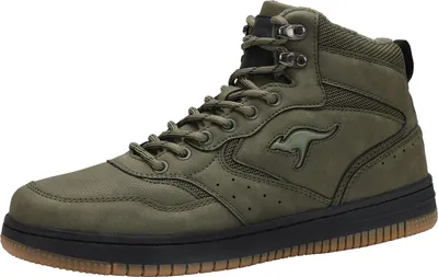A single green high-top sneaker is shown against a white background.