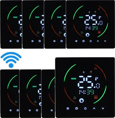 A collage of smart thermostat devices displayed on a black background.