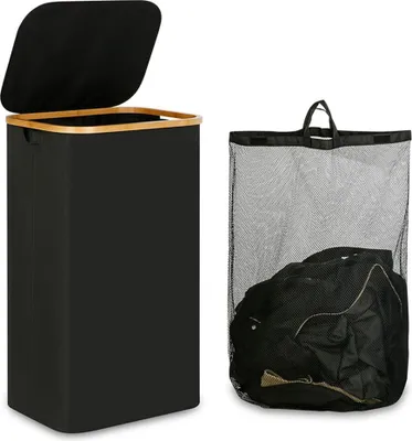 Produktbild von Wäschekorb mit Deckel, Faltbarer Große Wäschekorb mit Bambusgriffen, Wäschebox,mit abnehmbarem Sack, Aufbewahrungskorb,für Schlafzimmer, Waschküche