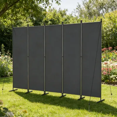 Produktbild von FIVMEN Paravent Outdoor wetterfest mit Heringen und Abspannleinen,Klappbar Freistehend Trennwand ohne Bohren,mobiler sichtschutz für Garten Balkon terrasse,5 Teilig 250 x 180 cm Dunkelgrau