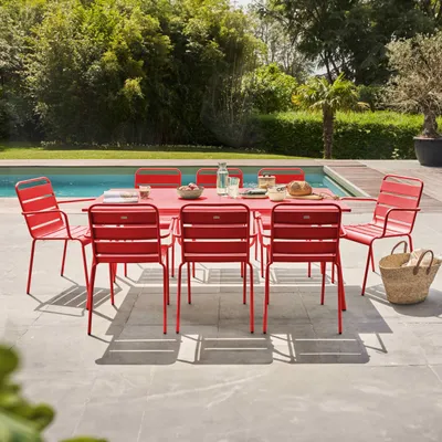 Immagine prodotto di Tavolo da giardino e 8 sedie in metallo rosso - Oviala Palavas