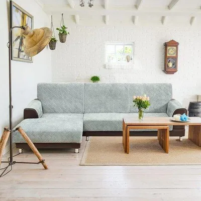 Produktbild von Famanu L-förmige Bankbezug - 3-Sitzer 2-Sitzer mit Rückenlehnenbezug - rutschfest - hellgrau - 90 x 210 cm