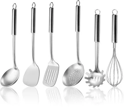 Produktbild von Ibenzoa® 6-teiliges Kochutensilien-Set aus rostfreiem Edelstahl – Kochlöffel mit abnehmbarem Griff, Spatel, Suppenkelle, Schaumlöffel, Schneebesen, Pastaheber
