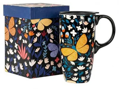 Produktbild von Keramiktasse mit Deckel 500 ml Schmetterling Sommer White