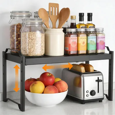 Image de Organisateur de cuisine pour plan de travail, étagère coulissante de 32 à 53 cm, étagère pour placards de cuisine à 3 hauteurs, étagère télescopique de cuisine, noir