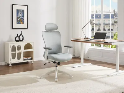 Produktbild von Ergonomischer Bürostuhl mit Kopfstütze – Stoff – Grau und Weiß – SORLITA