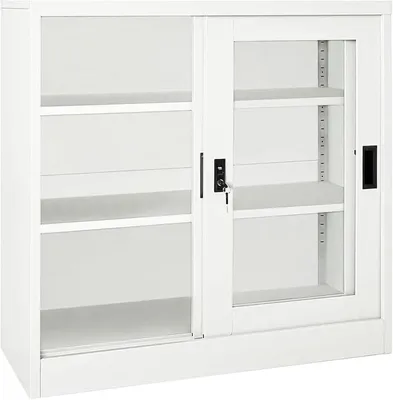 Image de Armoire de bureau avec porte coulissante, armoire de classement, mobilier de bureau, armoire métallique, armoire en acier, armoire de stockage, armoire universelle, armoire en acier, blanche, 90x40x90 cm