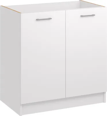 A white kitchen base cabinet with two doors and silver handles, shown from the front.