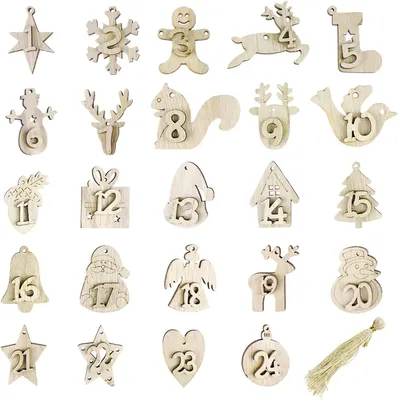 Image de Chiffres en bois pour calendrier de l'Avent - Calendrier de l'Avent en bois - Ornements suspendus avec cordelette - Loisirs créatifs "fait maison" - Pour Noël