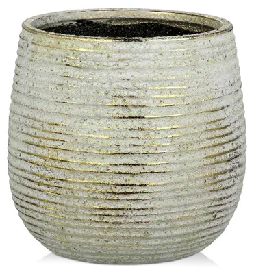 Zdjęcie produktu dla Doniczka ceramiczna z otworem drenażowym, ożebrowana struktura, złote akcenty, średnica 13 cm