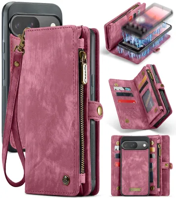 Produktbild von Schutzhülle für Google Pixel 9 / Pixel 9 Pro, Vintage Multifunktions Lederhülle, Kartenfächer, Reißverschluss Hülle Rot