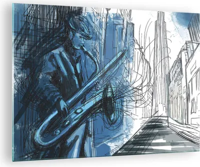 Produktbild von Bilder auf glas - Einteilig - Saxophon Musiker Zeichnen - 70x50cm - Glasbilder - Wandbilder - Bilder - zum Aufhängen bereit - Wanddekoration aus Glas - Glas Bilder - Wandbild auf Glas - GAA70x50-4148
