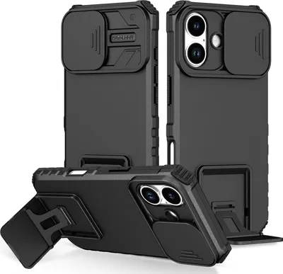 Obrázek produktu pro Pouzdro pro iPhone 17 dvouvrstvé robustní, vojenská ochrana pouzdro s stojánku a posuvnou ochranou kamery černé