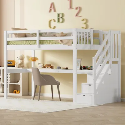 Produktbild von MODFU Kinderbett Hochbett 90 x 200 mit Treppe Jugendbett Holzbett mit Schreibtisch und Stauraumschubladen Stauraumbett ohne Matratze Weiß