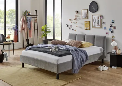 Produktbild von Meise Möbel Polsterbett Joker 140x200 cm | Doppelbett | Bettgestell | Kopfteil mit tiefem Einzug | Strukturstoff Grau | Holzfuß schwarz