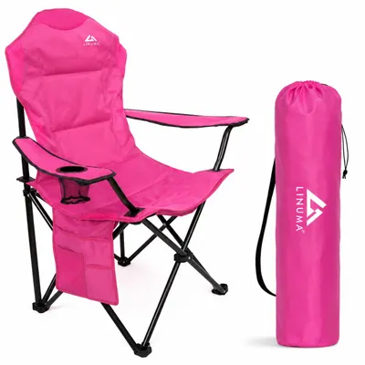 Produktbild von LINUMA® Luxus Faltstuhl PINK Campingstuhl Anglerstuhl mit Getränkehalter & Tragetasche Anglersessel klappbar - Klappstuhl Gartenstuhl Faltstuhl 160kg, KI-generiertes Bild